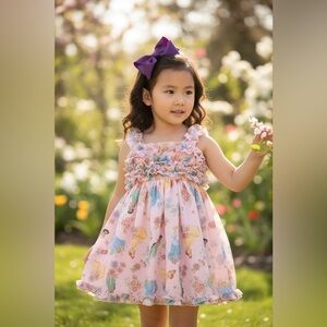 Disney Princess Pink Floral Ruffle Dress size 4T Fully Lined FREE Hair Bow